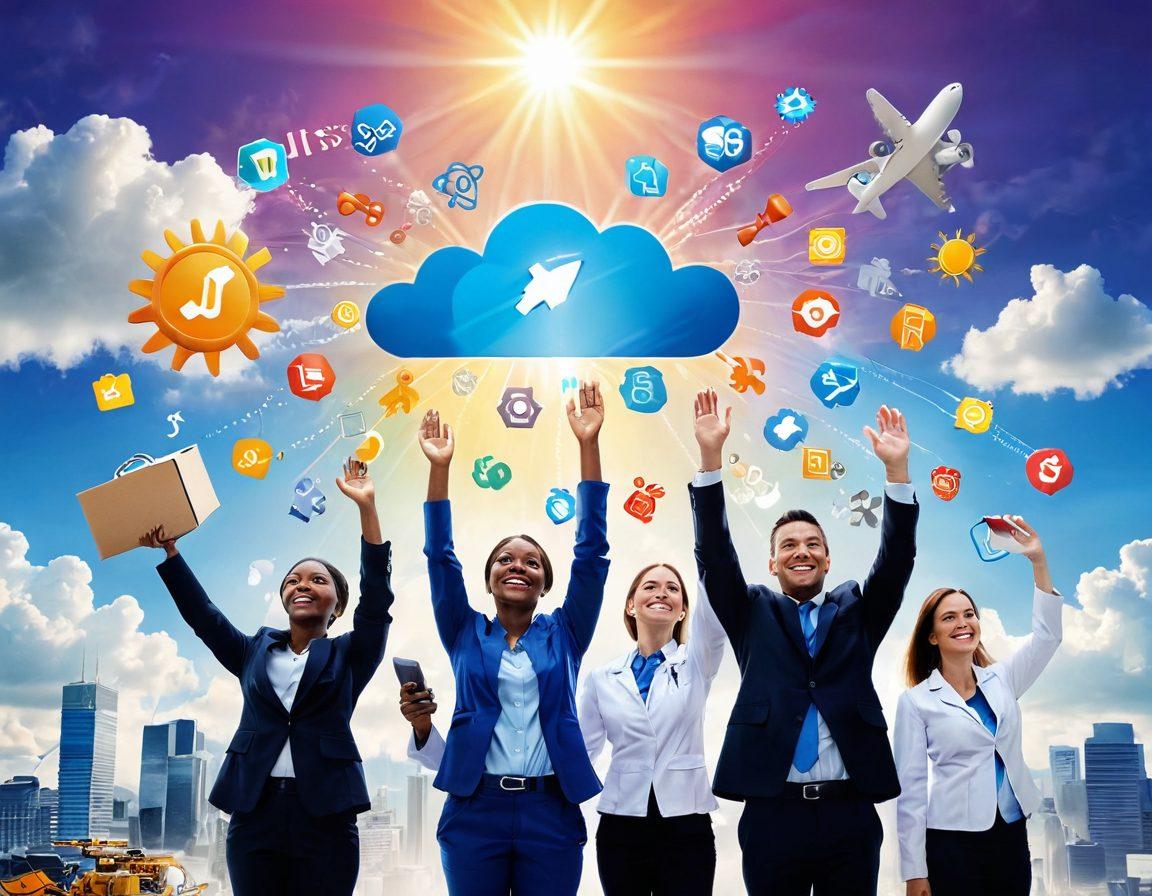 A dynamic scene showcasing diverse professionals joyfully lifting heavy premium products tailored for various industries, surrounded by bright, colorful icons representing different sectors like technology, healthcare, and manufacturing. The backdrop features an uplifting atmosphere with sun rays breaking through clouds, illuminating the scene. Emphasize teamwork and happiness among individuals. vibrant colors. super-realistic.