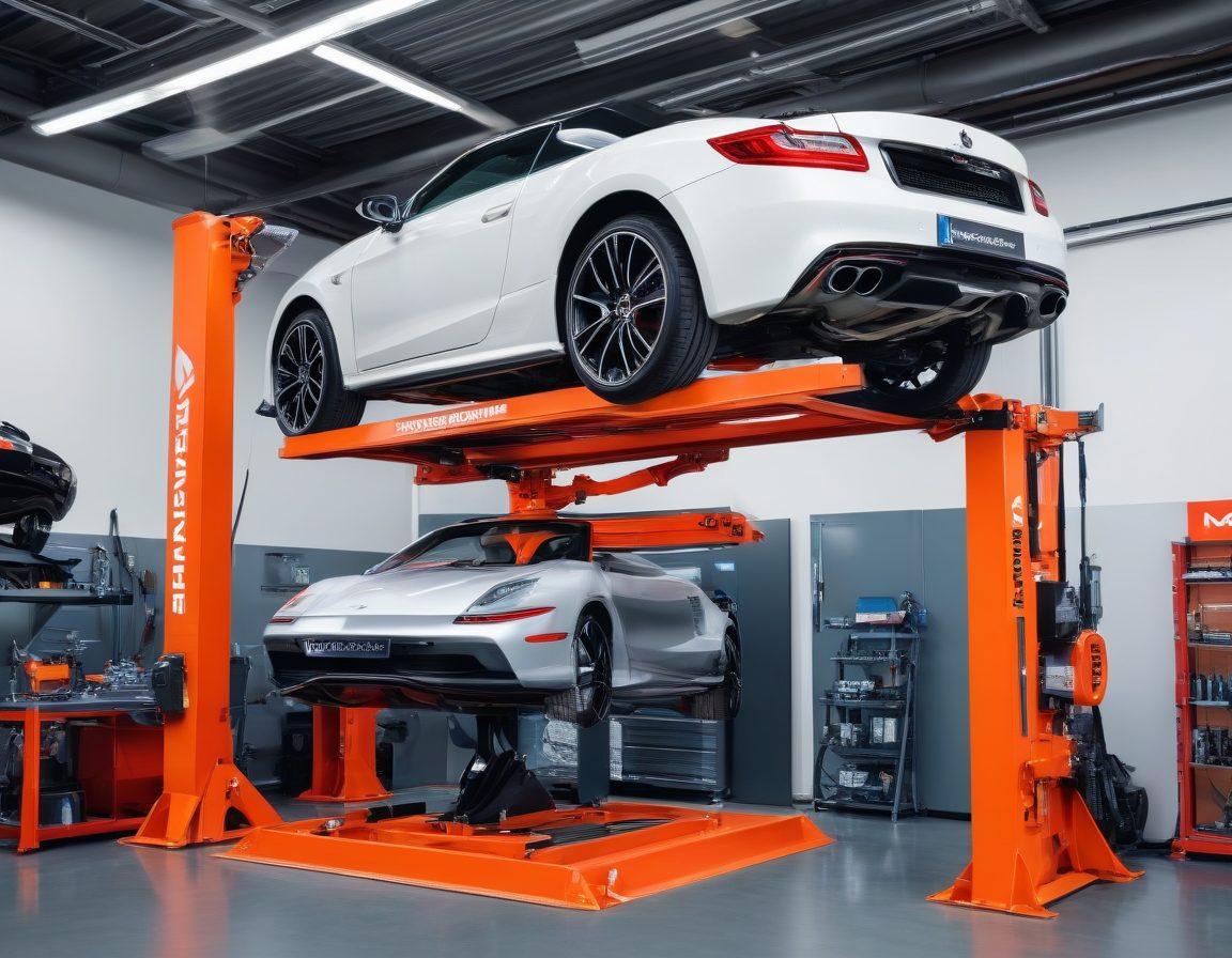 A stunning contrast between a premium Mohawk lift showcasing its sleek design in an automotive workshop, surrounded by tools and machinery. Enthusiastic mechanics are using the lift to work on a stylish car, with vibrant banners in the background promoting 'Elevate Your Experience'. The environment is bright and inviting, capturing the joy of working with quality equipment. super-realistic. vibrant colors. dynamic composition.