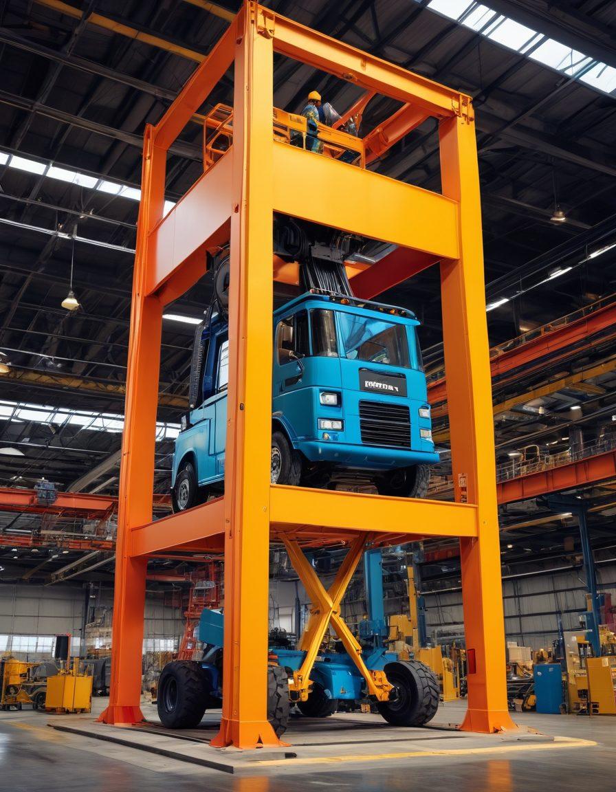 A dynamic industrial scene showcasing a Mohawk lift in action, elevating heavy materials with precision and efficiency. Include workers collaborating and interacting with the lift, surrounded by vibrant colors and safety gear. The background features a modern warehouse or factory setting transformed by technology, emphasizing productivity. super-realistic. vibrant colors. industrial theme.